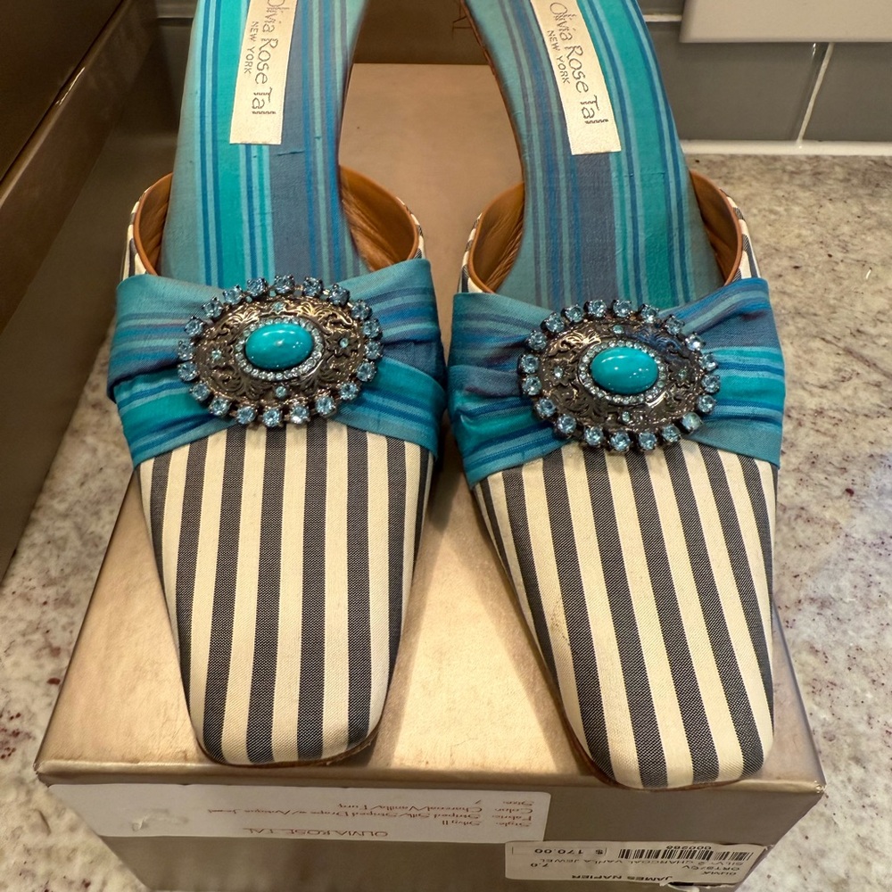 Olivia Rose Tal Turquoise and White Striped Mules